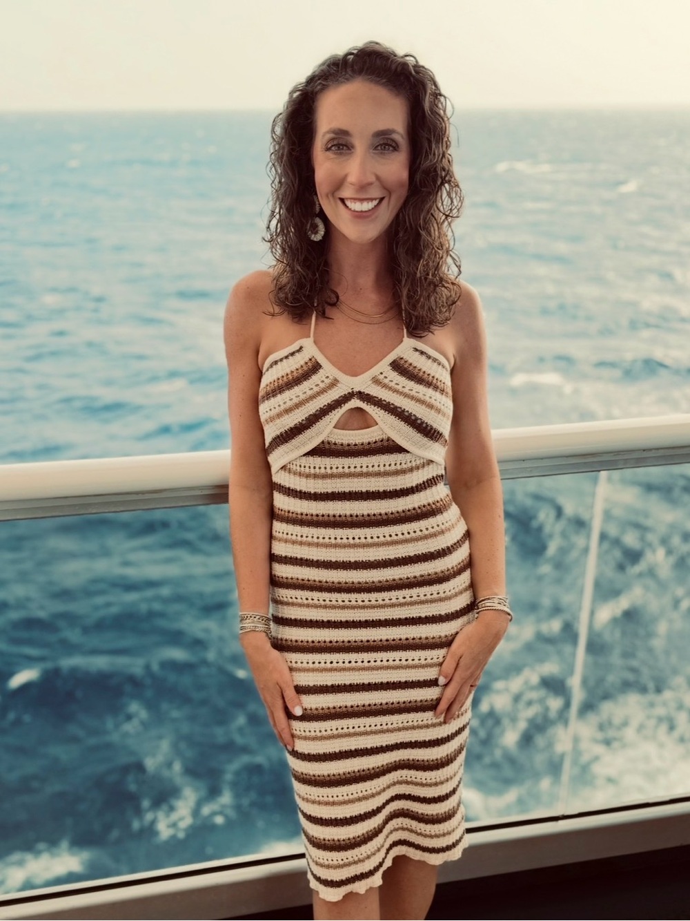 Striped Crochet Halter Dress in Cream and Brown